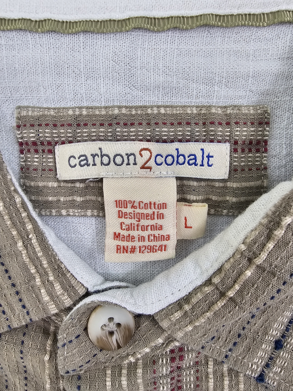 Carbon 2 Cobalt Textured Dobby Dash Men's L Khaki RWB Striped Button Up Shirt - Picture 6 of 8